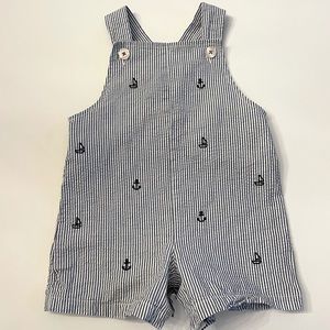 Blue seersucker nautical print short overalls size 12mo